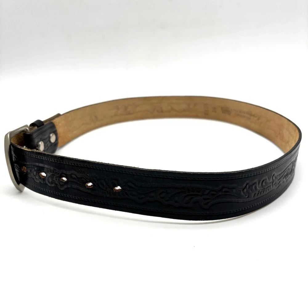 1970s Levi's 2235 Black Steerhide Floral Scrollwork Tooled Belt 34 Made in USA